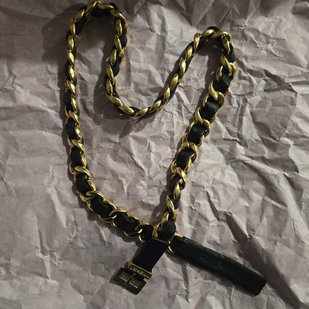 CHANEL Black Leather Chain Link Buckle Belt 96P 95cm